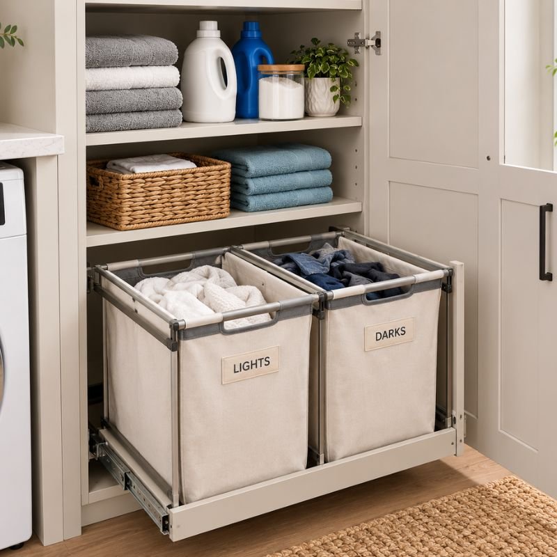 pull-out hampers inside laundry room cabinets