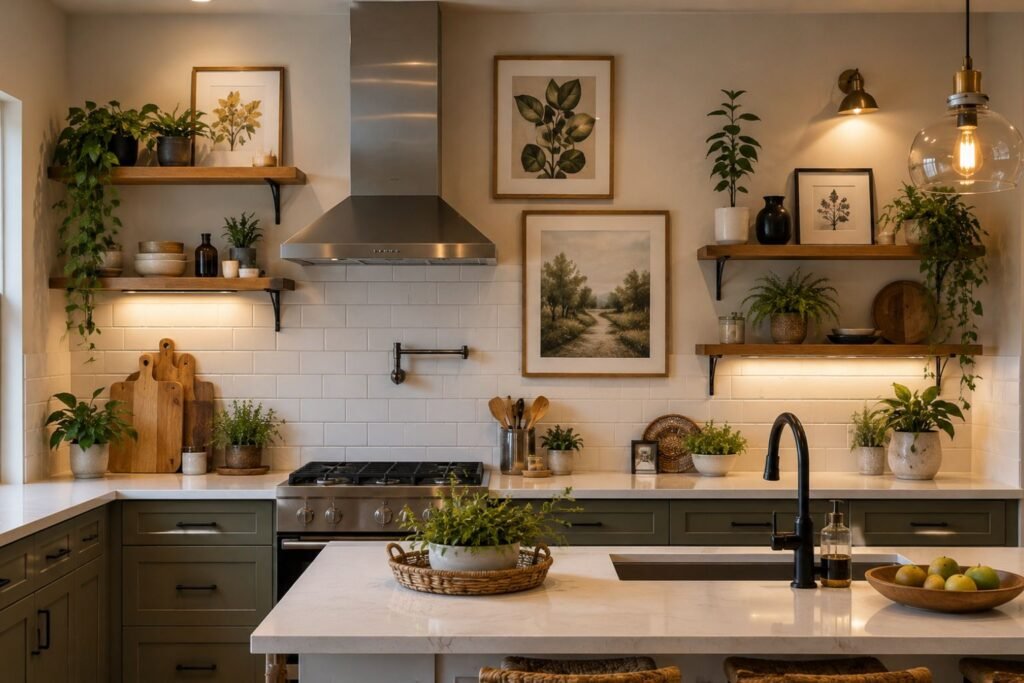 kitchen wall decor ideas with shelves artwork and plants