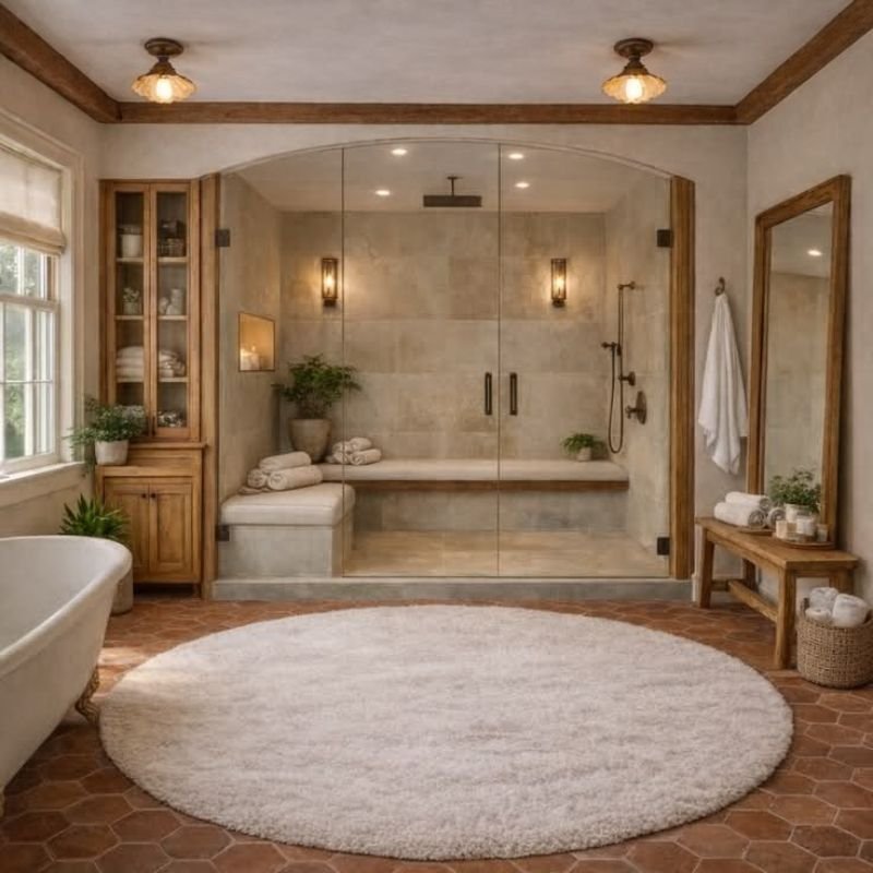 Rustic bathroom with wooden shelves and vintage fixtures