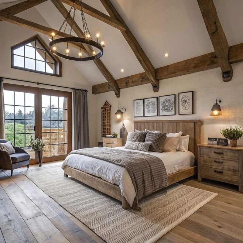 Rustic bedroom with wooden bed frame and linen bedding