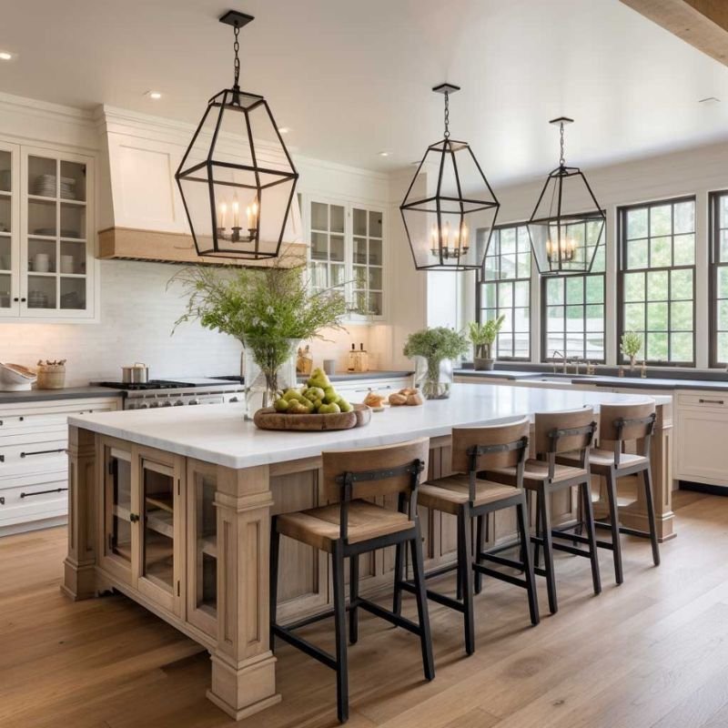 Rustic farmhouse kitchen with wooden shelves