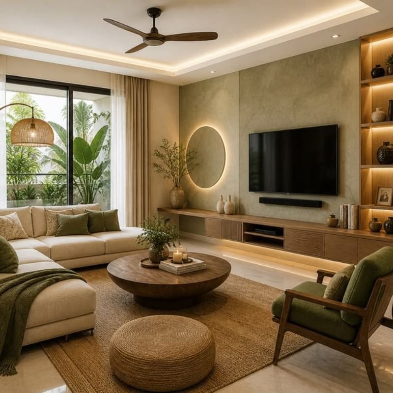 Rustic living room with earthy beige and brown tones