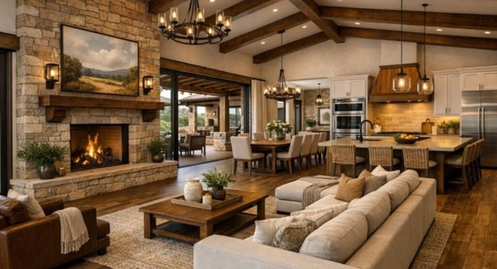 Rustic living room with stone fireplace and wooden furniture