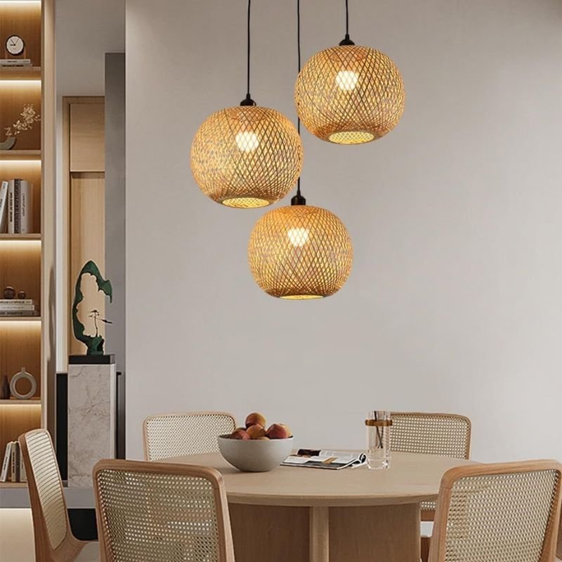 “Rustic pendant lights over farmhouse dining table”