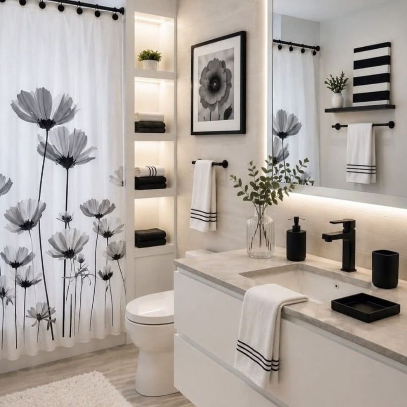 Compact bathroom decorated with light-colored walls