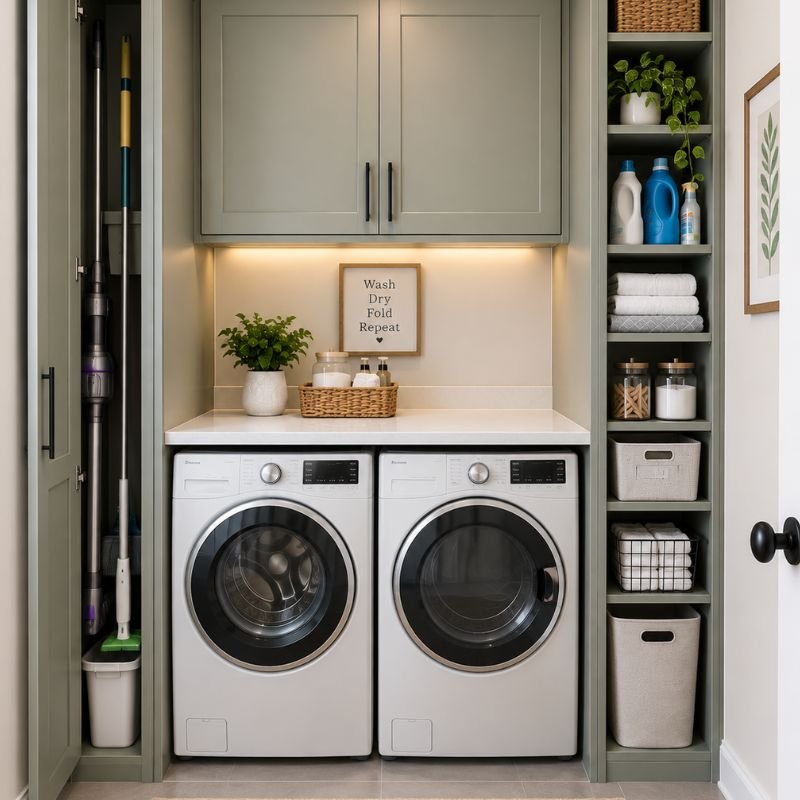compact laundry room with vertical storage