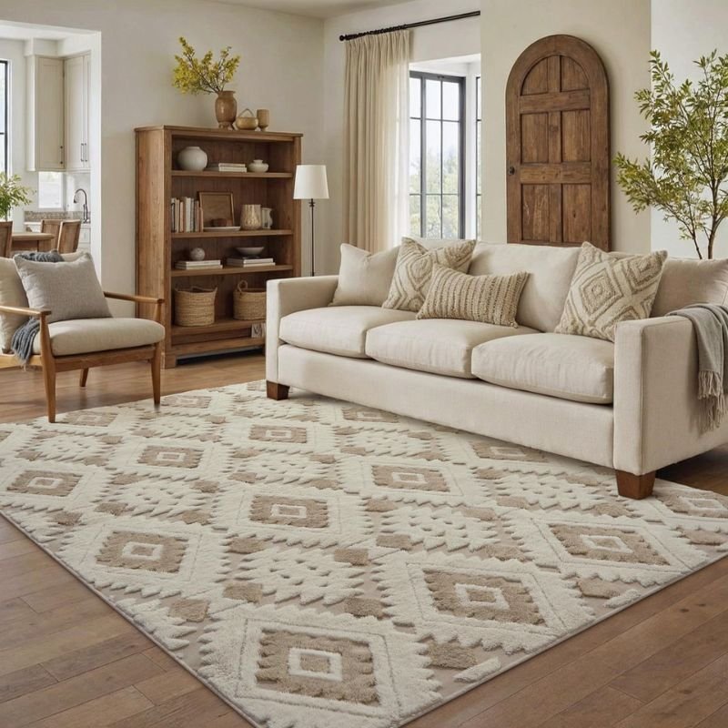 “Durable synthetic large living room rug for busy homes”