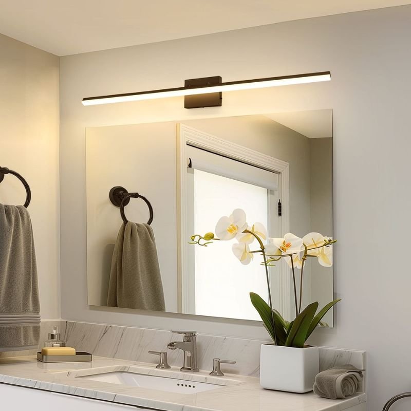 “Horizontal vanity lighting fixture in contemporary bathroom”