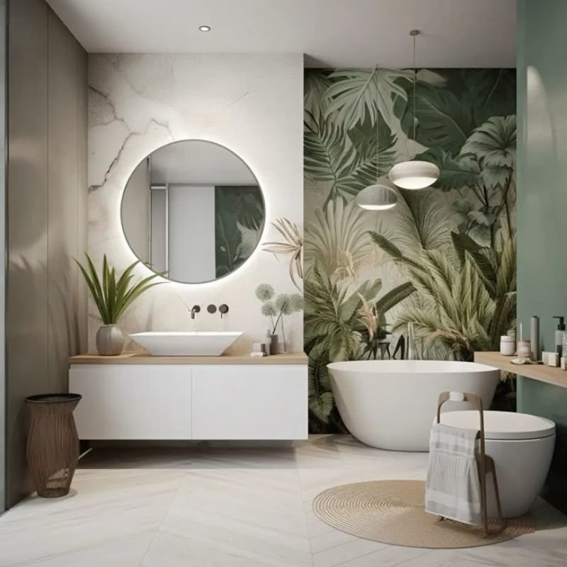 Botanical wallpaper creating tropical bathroom feel