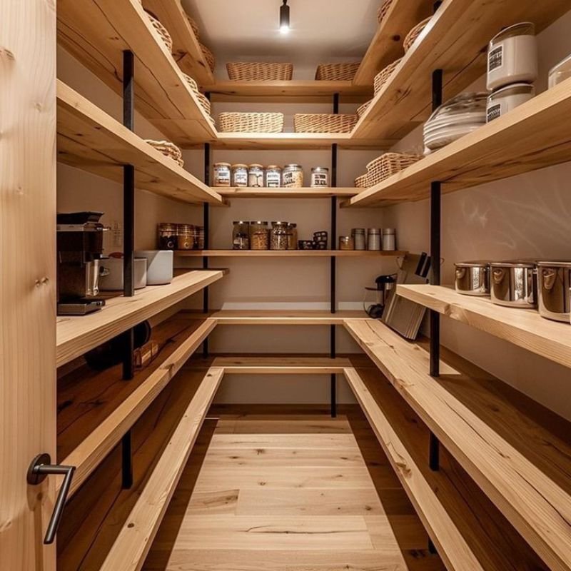 Organized home kitchen pantry with clear storage containers