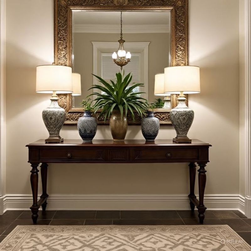 “decorated furniture table console with mirror and lamp”