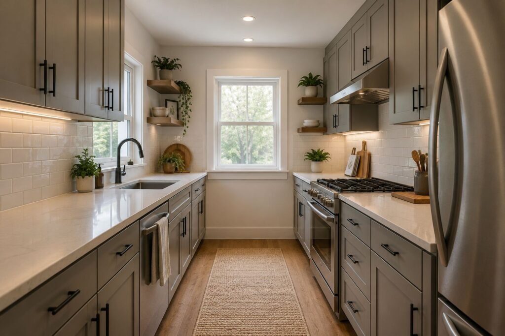 compact galley kitchen with parallel cabinets