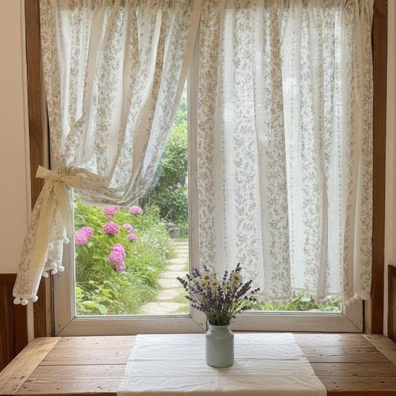“Cafe style curtains creating a cozy cottage living room look”