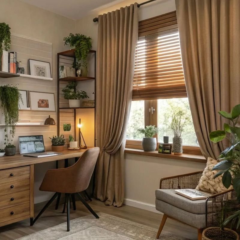 “Roman shades paired with side curtains in a cozy living room”