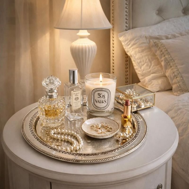 decorative vanity tray with perfume and makeup items