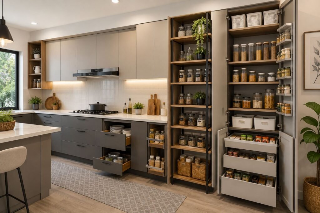kitchen storage ideas using vertical shelves and organized cabinets