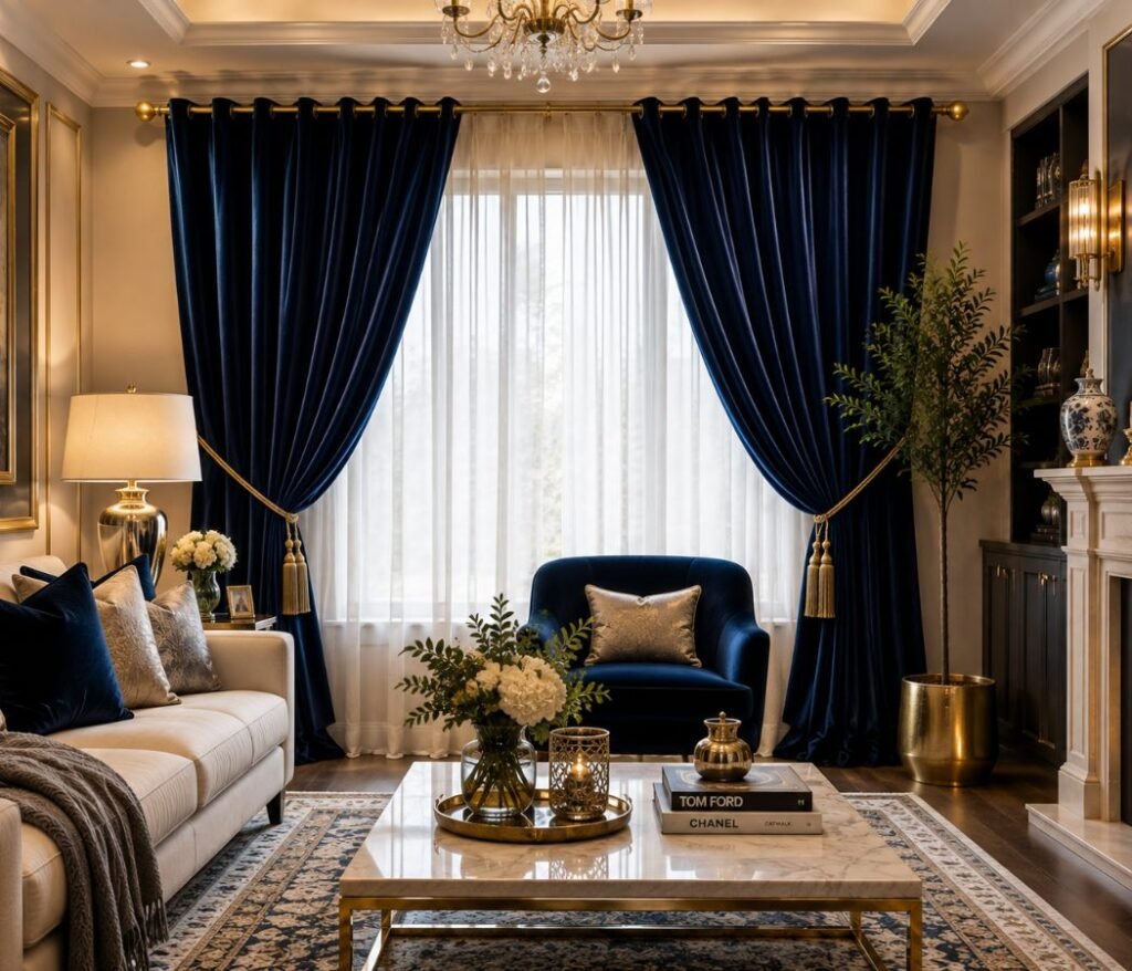 luxury velvet drapes in an elegant living room