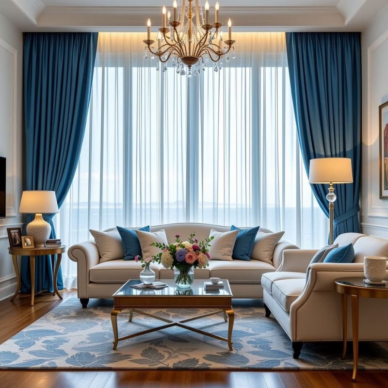 “Luxury velvet drapes in an elegant living room”