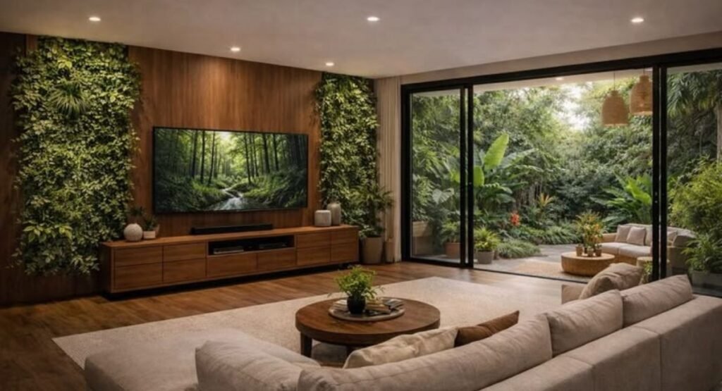 vertical styling with tall indoor plants layered home decor