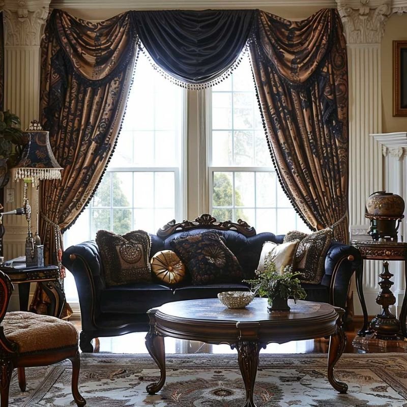 “Victorian vintage home decor with ornate mirrors and velvet furniture”