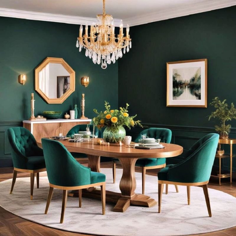 “Dark green dining room walls with elegant wall art decor”