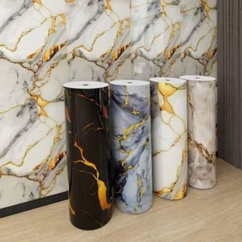 Waterproof vinyl wall covering in a modern bathroom