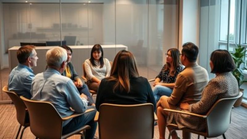 Virtual recovery community participating in online support session