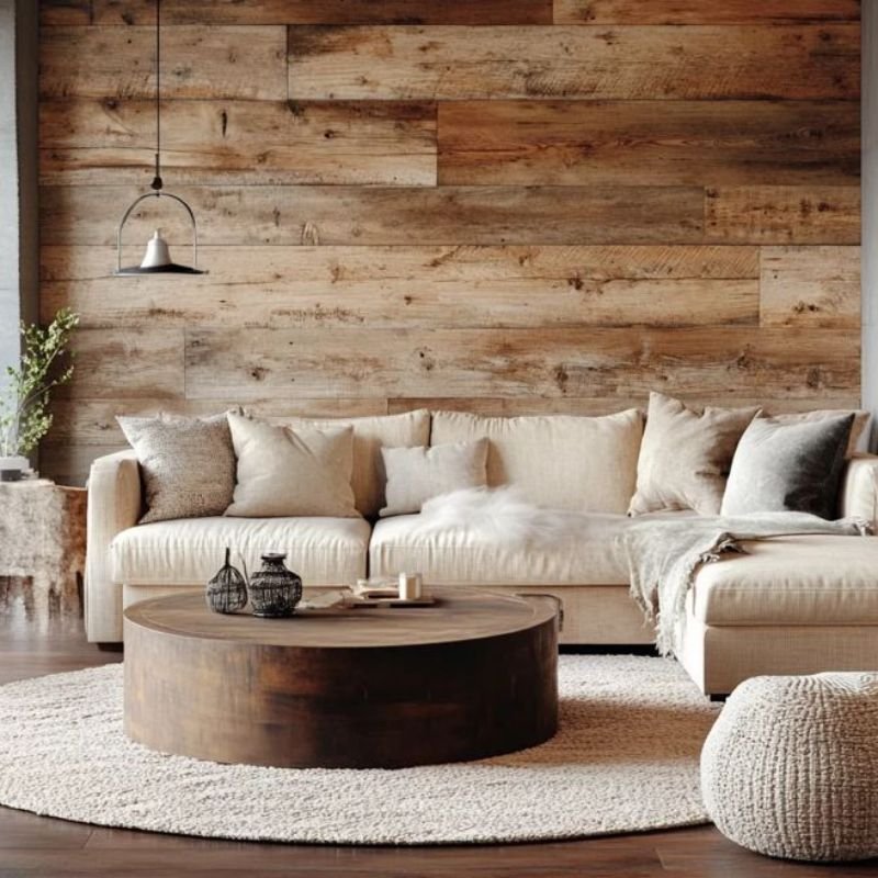 Rustic farmhouse interior featuring natural wood and stone textures