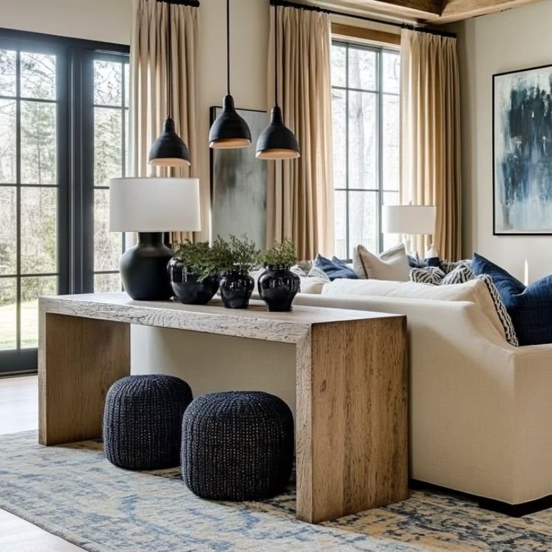 “furniture table console placed behind living room sofa”