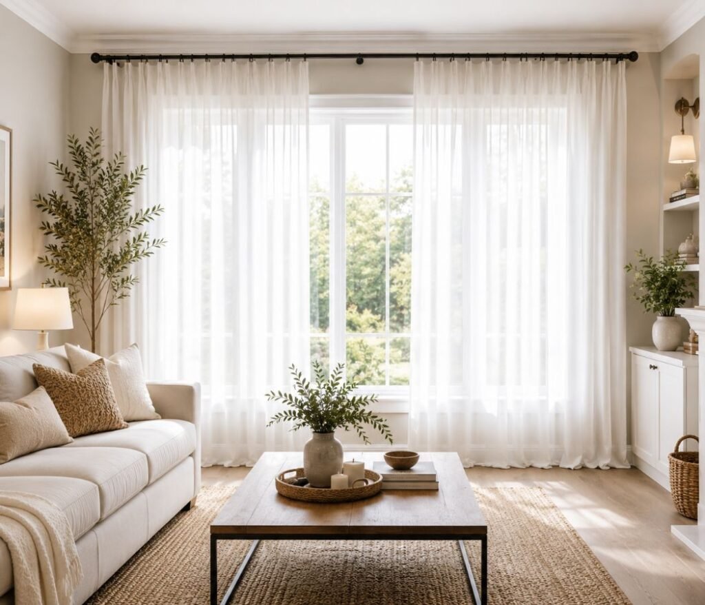 white sheer curtains in a bright living room