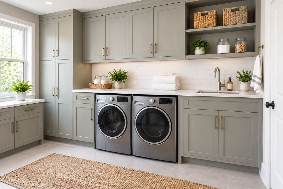 organized laundry room with storage cabinets