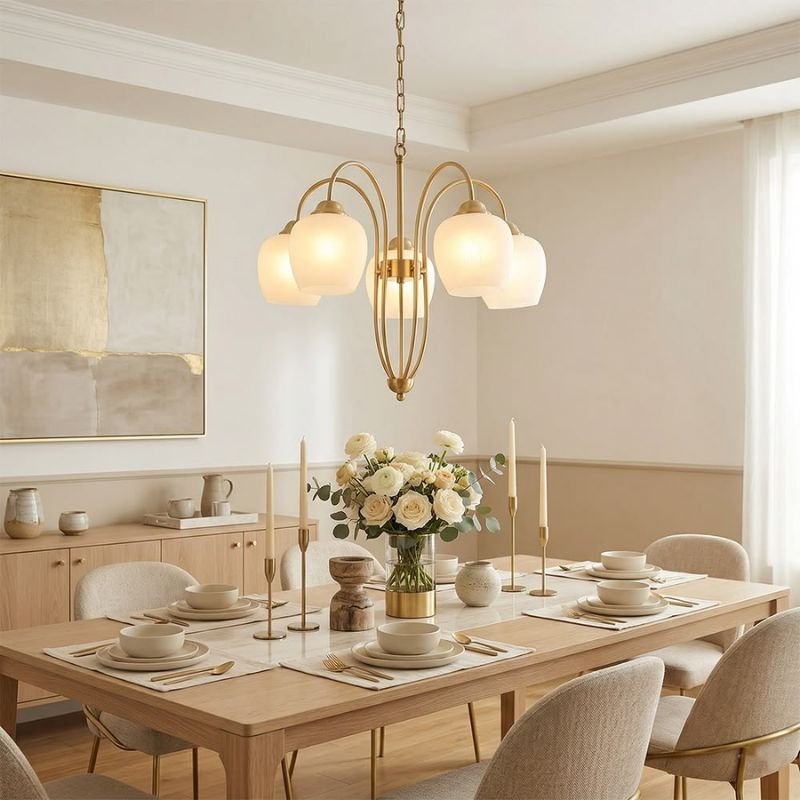 “Warm dining room lighting creating cozy home ambiance”