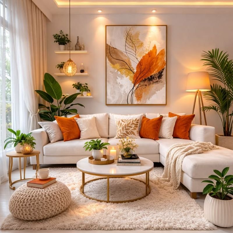 “Oversized living room rug creating zones in an open plan home”