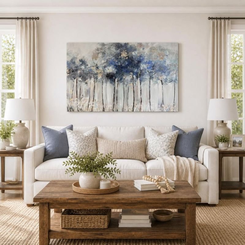 “Cozy living room decorated with calming wall art and modern decor”