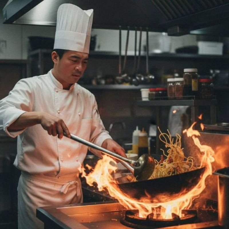 Chinese chef creating wok hei with high heat cooking