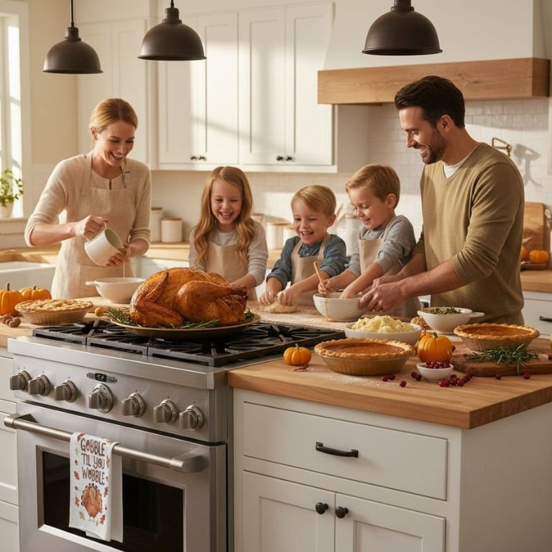 Family enjoying time together in a cozy home kitchen