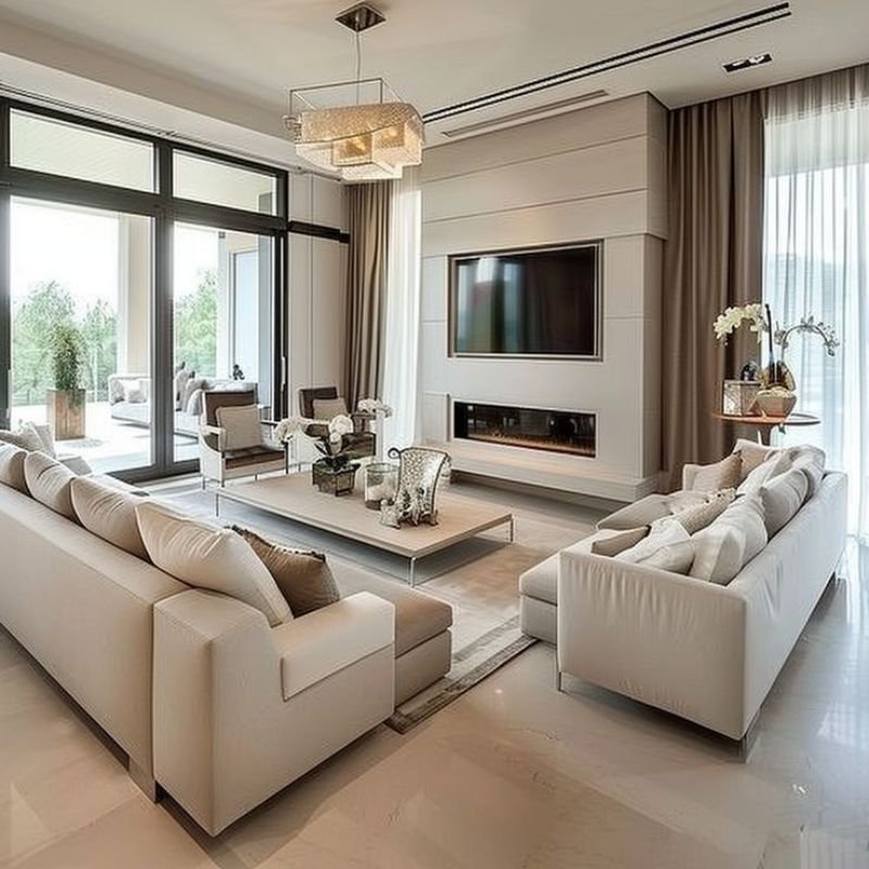 Small living room painted in light neutral colors with bright natural lighting