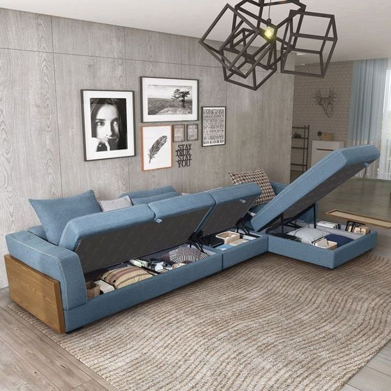 Multifunctional furniture for a small living room including a storage ottoman and sofa bed
