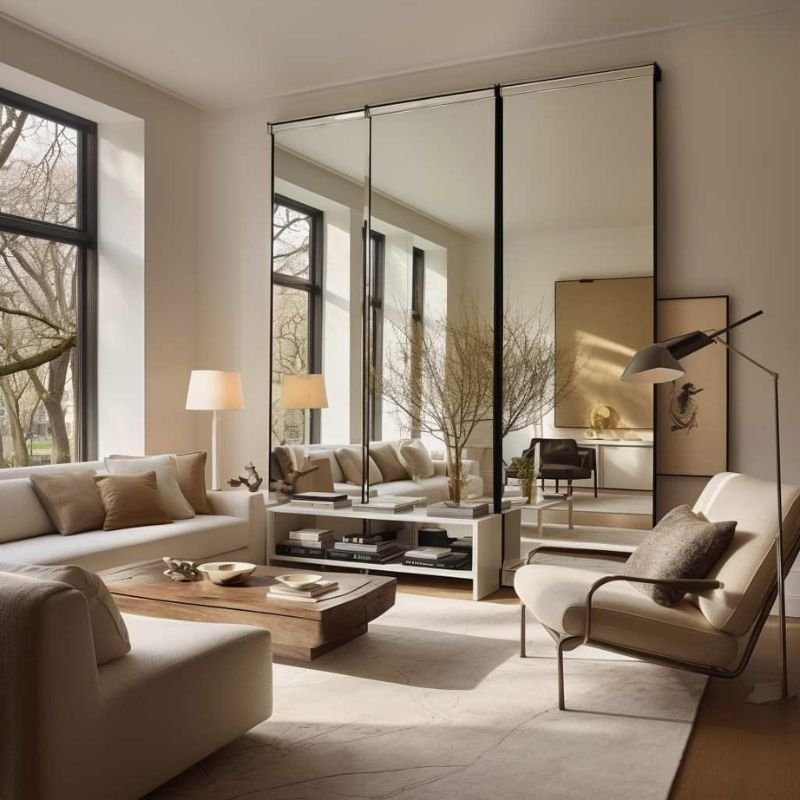 Large wall mirror reflecting natural light in a compact living room