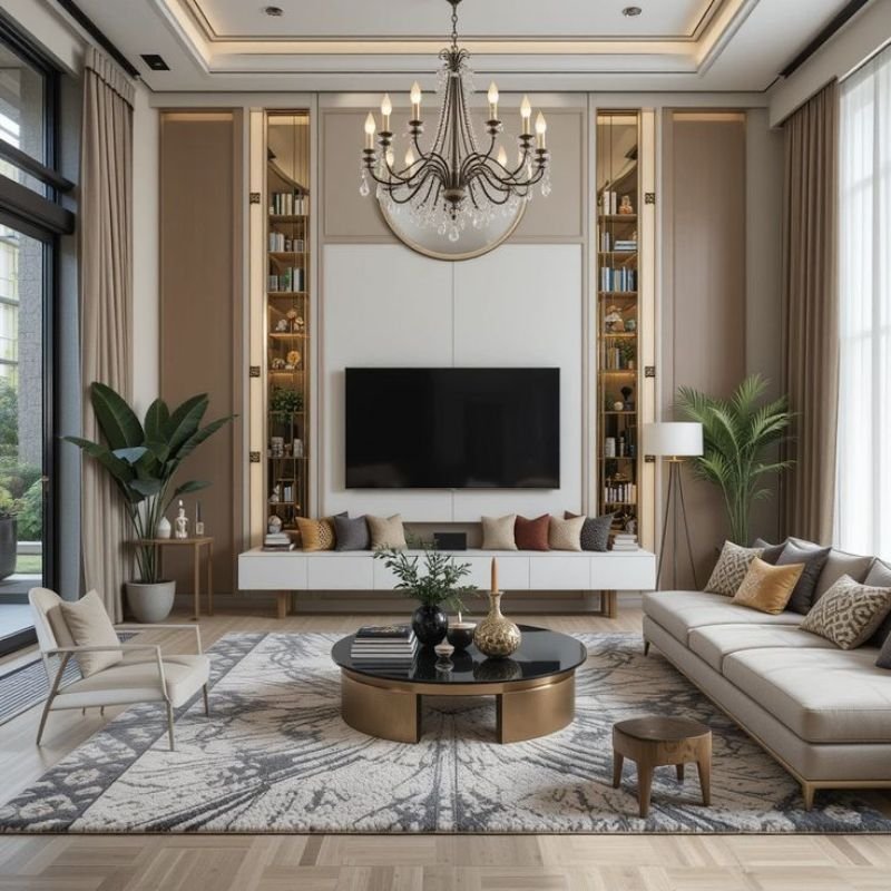 Minimalist small living room with tall bookshelves and floor-to-ceiling curtains
