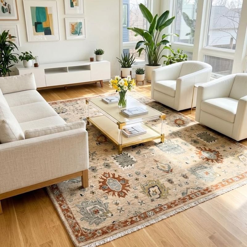 large area rug in a small apartment living room seating area