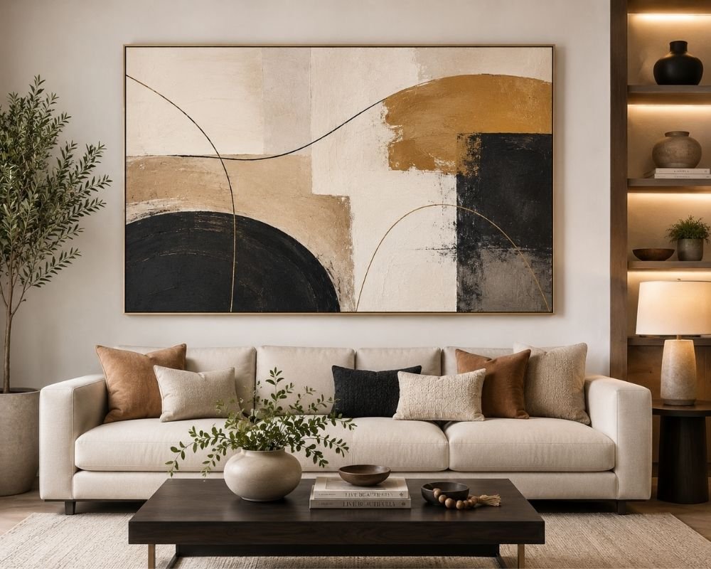 Large artwork positioned above a living room sofa