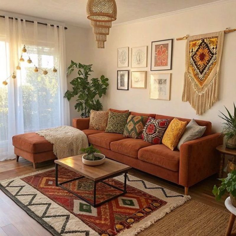 Layered living room rugs creating a stylish bohemian interior design