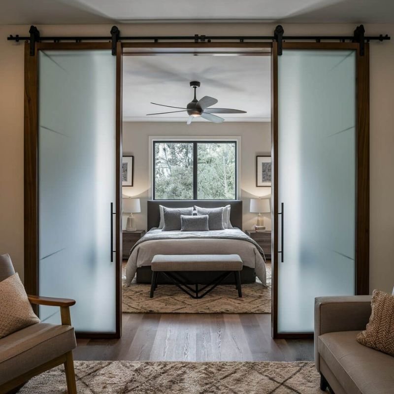 Barn door for bedroom with modern interior decor