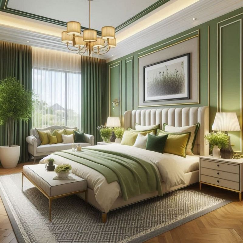 Tan and sage green bedroom creating a calm and relaxing retreat
