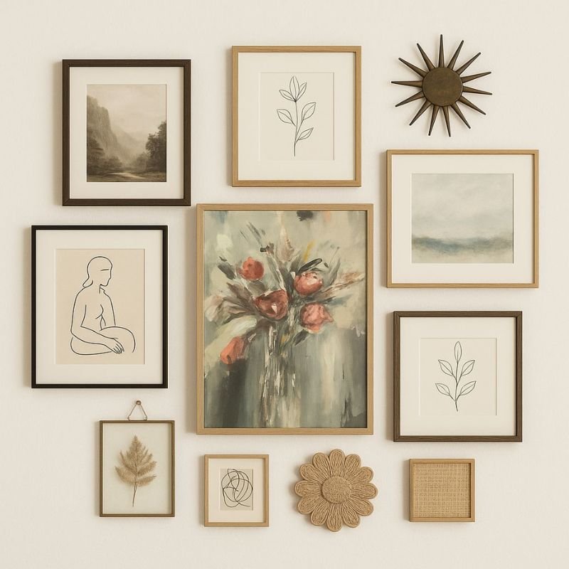 framed wall decor for living room featuring gallery wall design