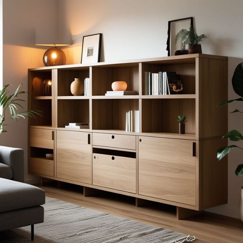 Solid wood living room cabinet with natural finish