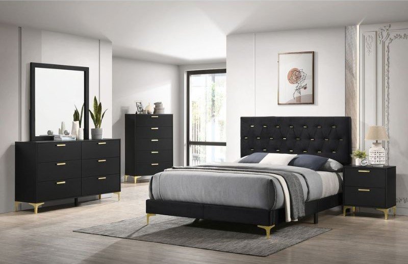Black bedroom color combinations with white, gold, blush pink, and wood tones