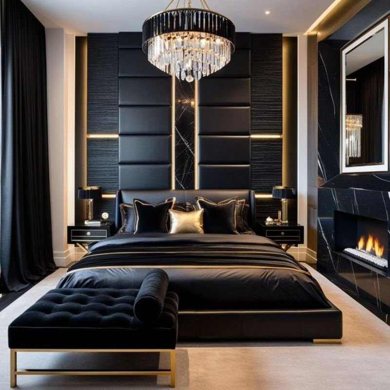 Luxury black master bedroom ideas with velvet headboard and gold accents
