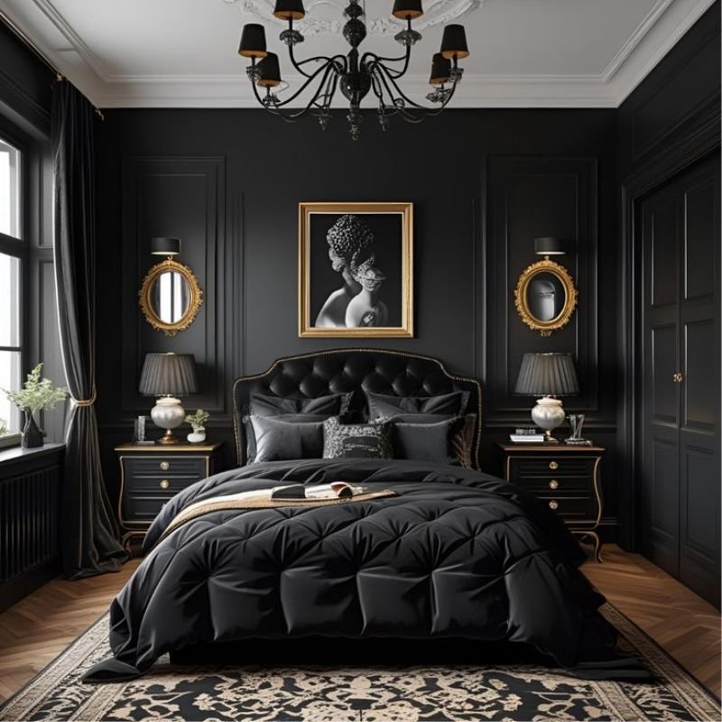 Small black bedroom ideas with accent wall, mirror, and space-saving design